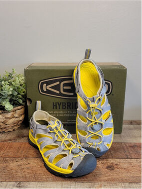 KEEN 7 Whisper Water Hiking Waterproof Slip On Sandals Gray Yellow Ankle Strap